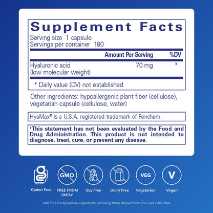 Pure Encapsulations Hyaluronic Acid | Skin Hydration & Joint Support | Gluten Free, Vegan & Non-GMO | 180 Capsules