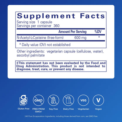 Pure Encapsulations NAC 600 mg – N-Acetyl Cysteine for Lung, Immune & Liver Support | 360 Capsules