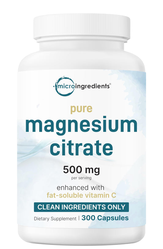 Magnesio Citrato Puro 500mg | 300 Capsule | Vitamina C Chelata, Liposolubile | Supporta la Digestione, la Salute Muscolare e Cardiaca