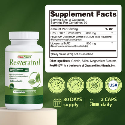 PureBotan Liposomal NAD+ Resveratrol 1300mg – ResUP10, 60 Capsules