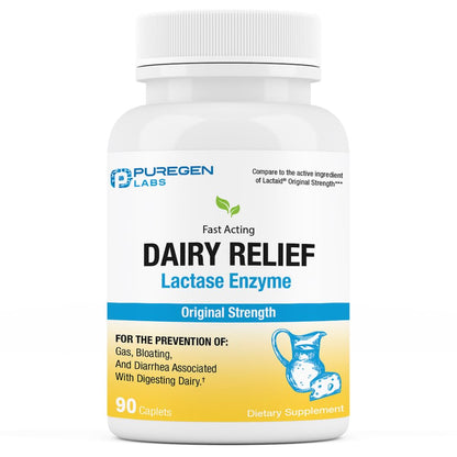 Puregen Labs Dairy Relief – Natural Fast Acting Lactase Enzyme 3000 FCC, 90 Caplets