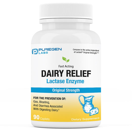 Puregen Labs Dairy Relief – إنزيم اللاكتاز الطبيعي سريع المفعول 3000 FCC، 90 كبسولة