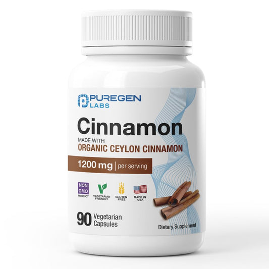 Puregen Labs قرفة عضوية (سيلان) 1200 ملغ لكل جرعة | 90 كبسولة نباتية | غير معدلة وراثيًا، خالية من الغلوتين | صنع في الولايات المتحدة الأمريكية