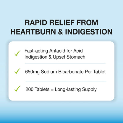 Puregen Labs Sodium Bicarbonate Tablets 650mg (10 Grains) - 200 Count | USP Grade Baking Soda Supplement, Natural Relief of Acid Indigestion, Heartburn, Sour Stomach & Upset Stomach
