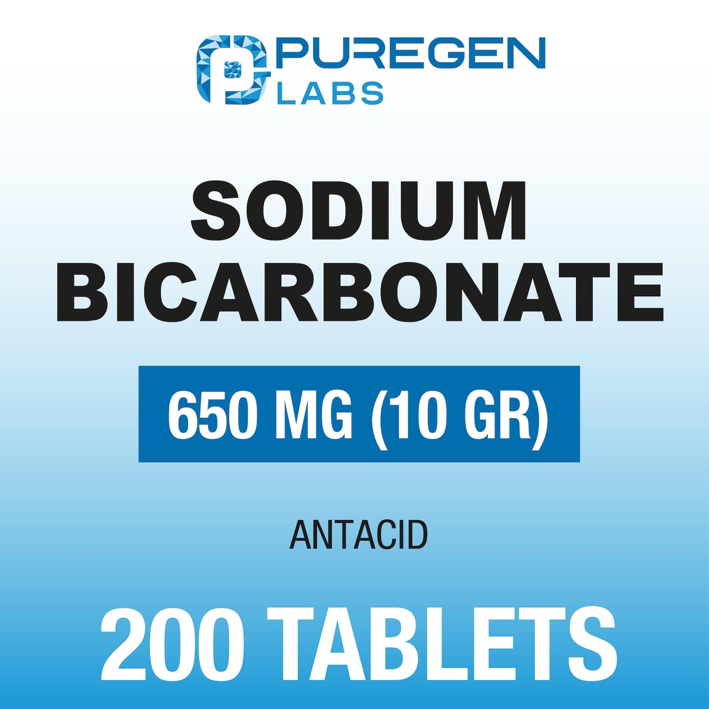 Puregen Labs Sodium Bicarbonate Tablets 650mg (10 Grains) - 200 Count | USP Grade Baking Soda Supplement, Natural Relief of Acid Indigestion, Heartburn, Sour Stomach & Upset Stomach