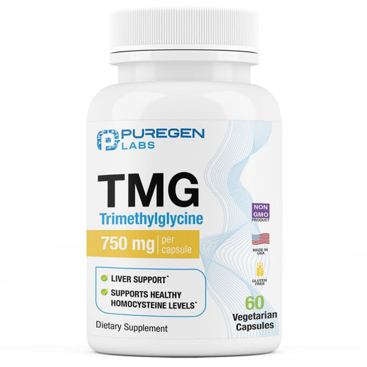 Puregen Labs TMG 750 ملغ – مكمل ثلاثي ميثيل الجلايسين | يدعم صحة الهوموسيستين، غير معدّل وراثيًا، خالٍ من الغلوتين ومنتجات الألبان | صنع في الولايات المتحدة الأمريكية – 60 كبسولة نباتية