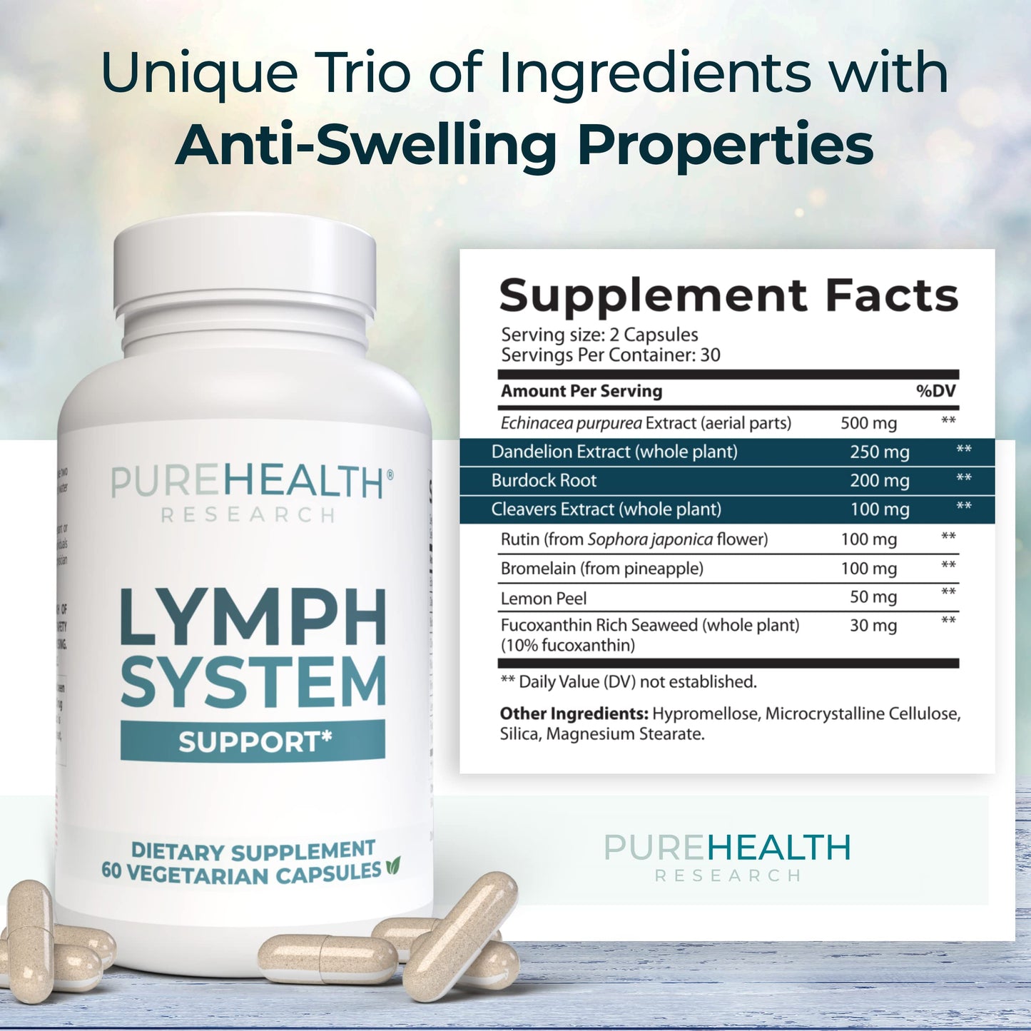 PUREHEALTH RESEARCH Lymph System Support — Lymphatic Drainage Supplement (360 Capsules)
