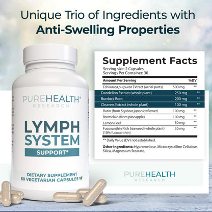 PUREHEALTH RESEARCH Lymph System Support — Lymphatic Drainage Supplement (360 Capsules)