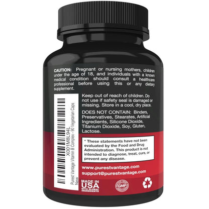 Purest Vantage Vitamin B Complex – B1, B2, B3, B5, B6, B7, B9, B12 | 90 Vegetarian Capsules