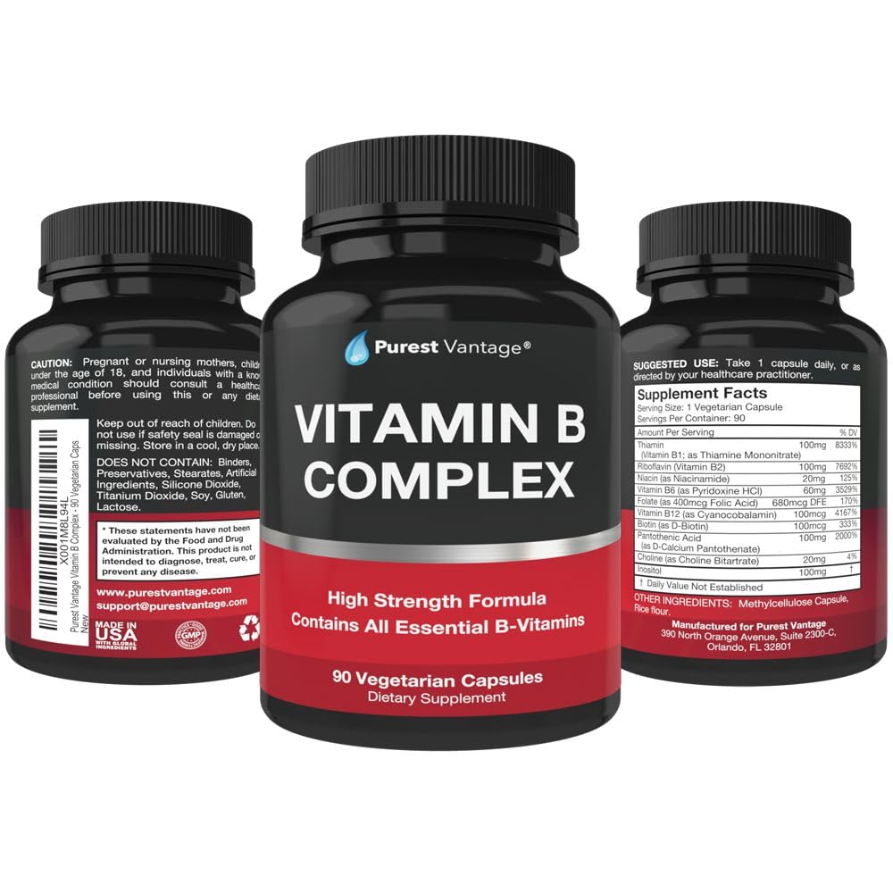 Purest Vantage Vitamin B Complex – B1, B2, B3, B5, B6, B7, B9, B12 | 90 Vegetarian Capsules