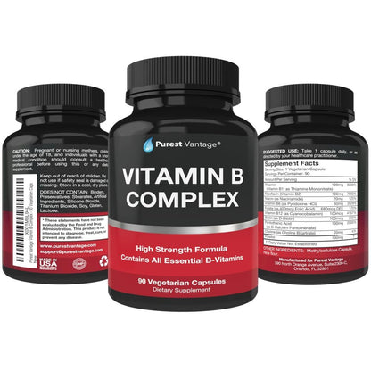 Purest Vantage Vitamin B Complex – B1, B2, B3, B5, B6, B7, B9, B12 | 90 Vegetarian Capsules