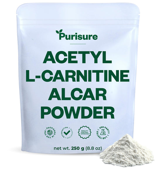 Purisure Acetyl L-Carnitine Powder, 250g – مسحوق ALCAR للأداء المعرفي والقدرة على التحمل | خالٍ من الجلوتين، غير معدّل وراثيًا، 500 حصة