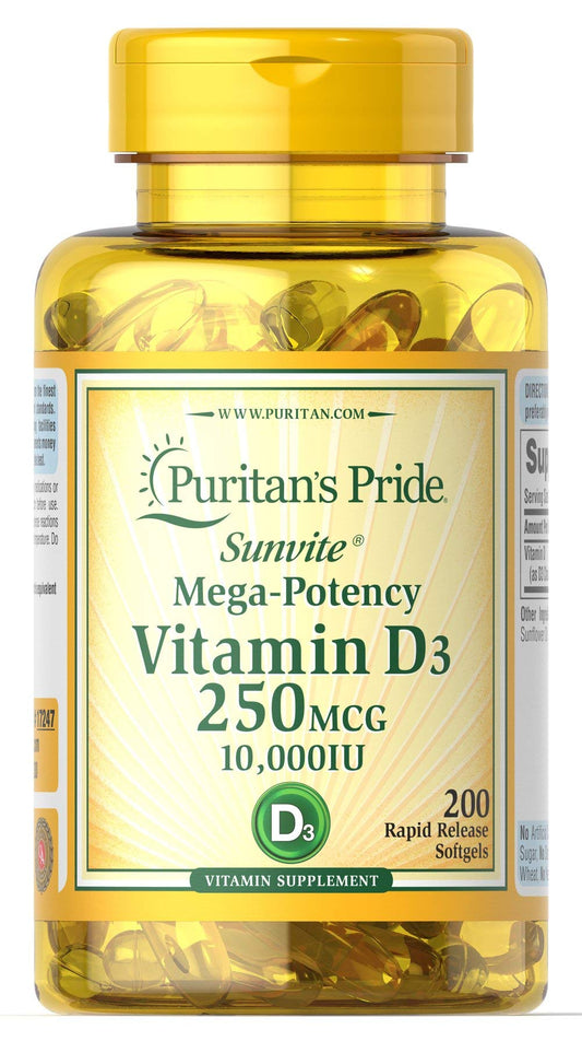 كبسولات جيلاتينية من Puritan's Pride فيتامين د3 250 مكغ (10,000 وحدة دولية) – 200 كبسولة (متوقف)