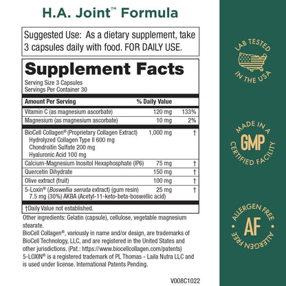 Purity Products HA Joint Formula – Hyaluronic Acid + BioCell Collagen, 5-Loxin & Olive Fruit Extract, 90 Capsules