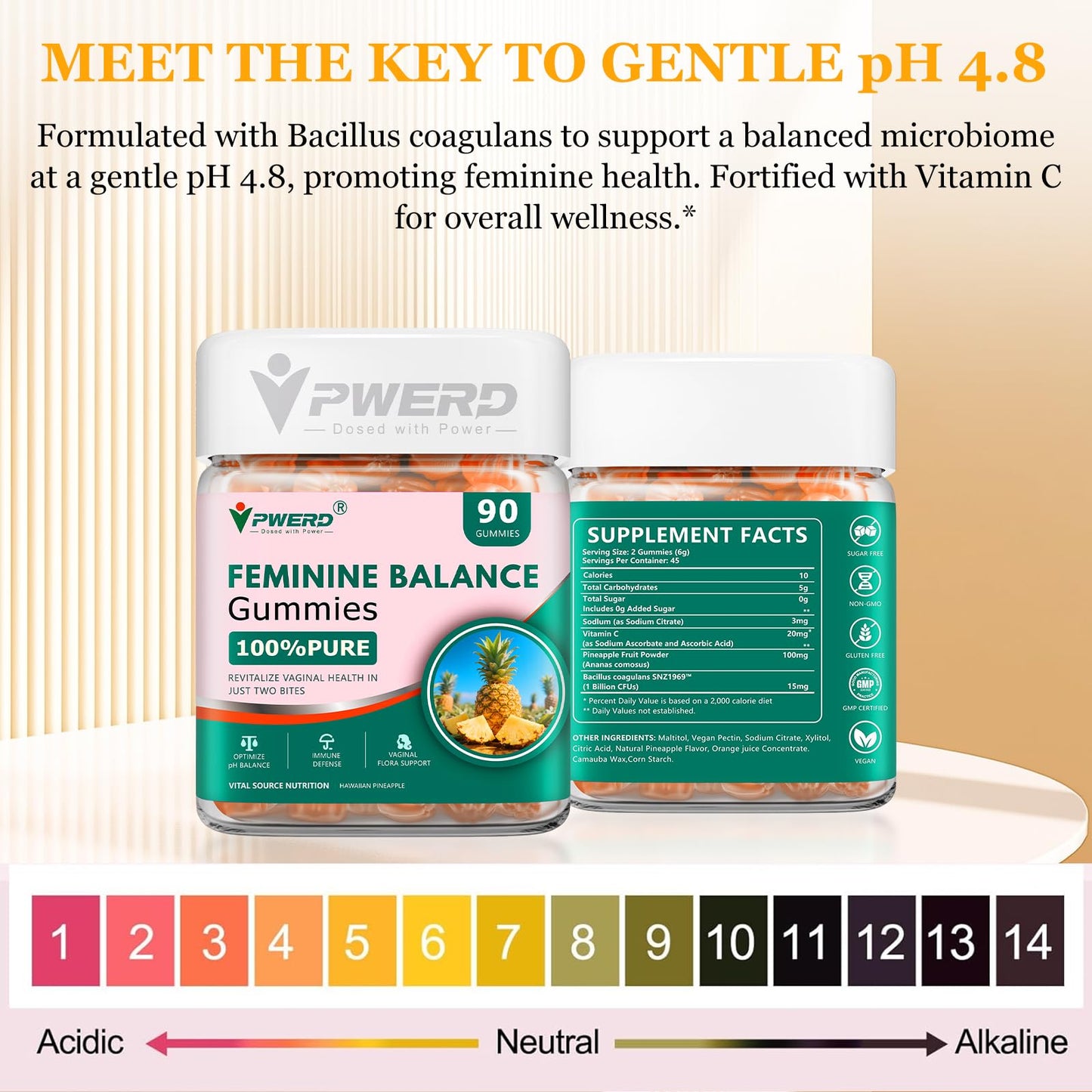 PWERD 90-Count Feminine Balance Pineapple Gummies for Women | PH-Balanced Probiotics