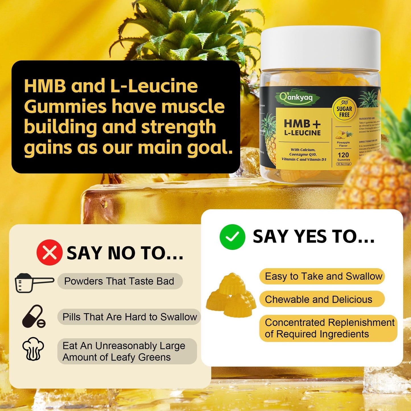 Q'ankyaq 3000mg HMB Gummies – Muscle Growth & Recovery, Vitamin D3, Sugar Free, 120 Counts