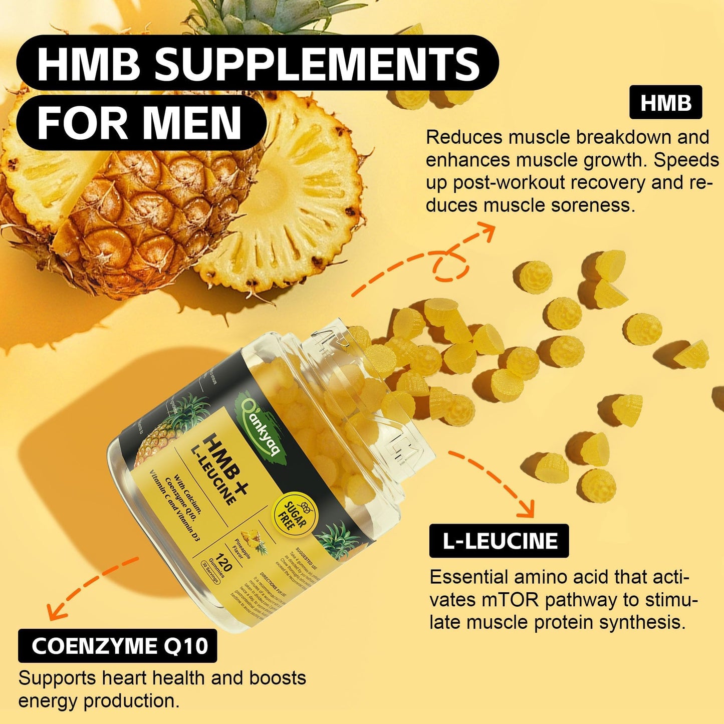 Q'ankyaq 3000mg HMB Gummies – Muscle Growth & Recovery, Vitamin D3, Sugar Free, 120 Counts