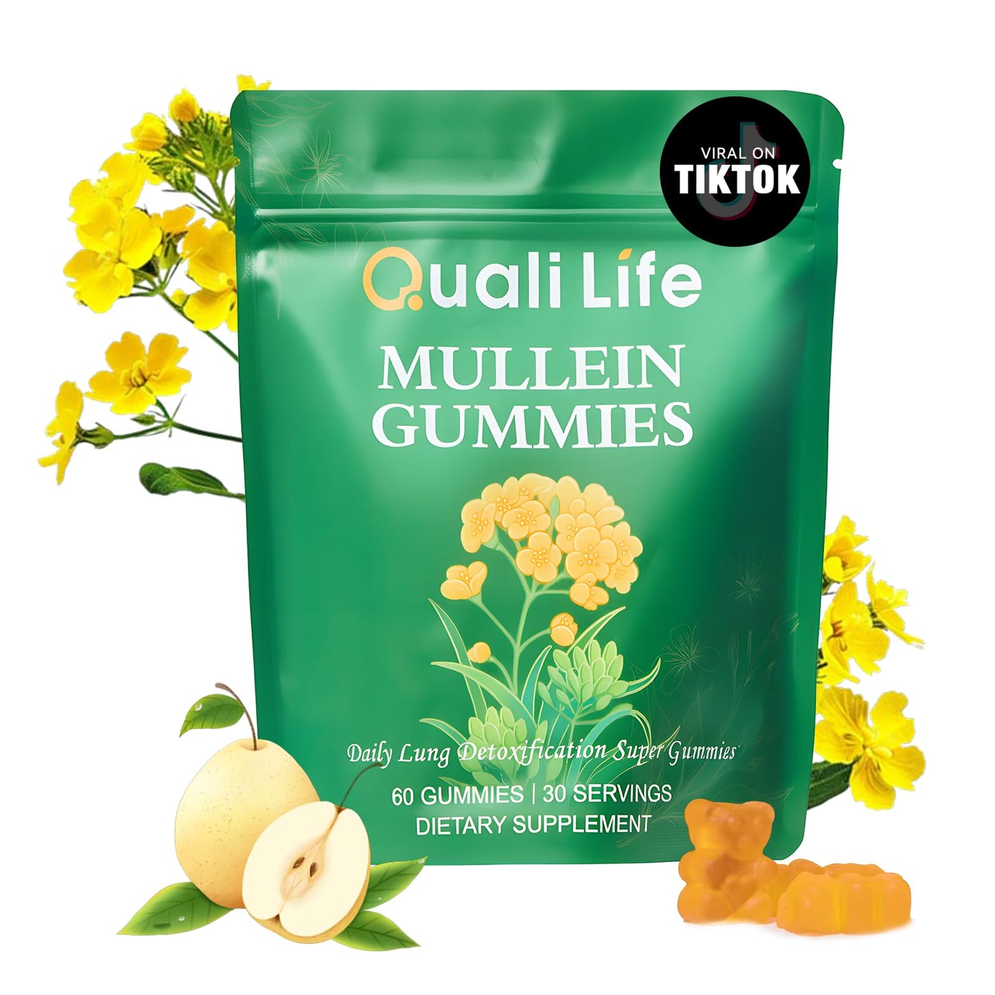 QualiLife Mullein Gummies for Lungs – 2000mg Mullein Leaf Extract | Pear Flavor