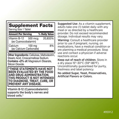Quality Choice Vitamin B12 500 mcg – Energy, Metabolism & Nervous System Support | 100 Count Bottle of Tablets