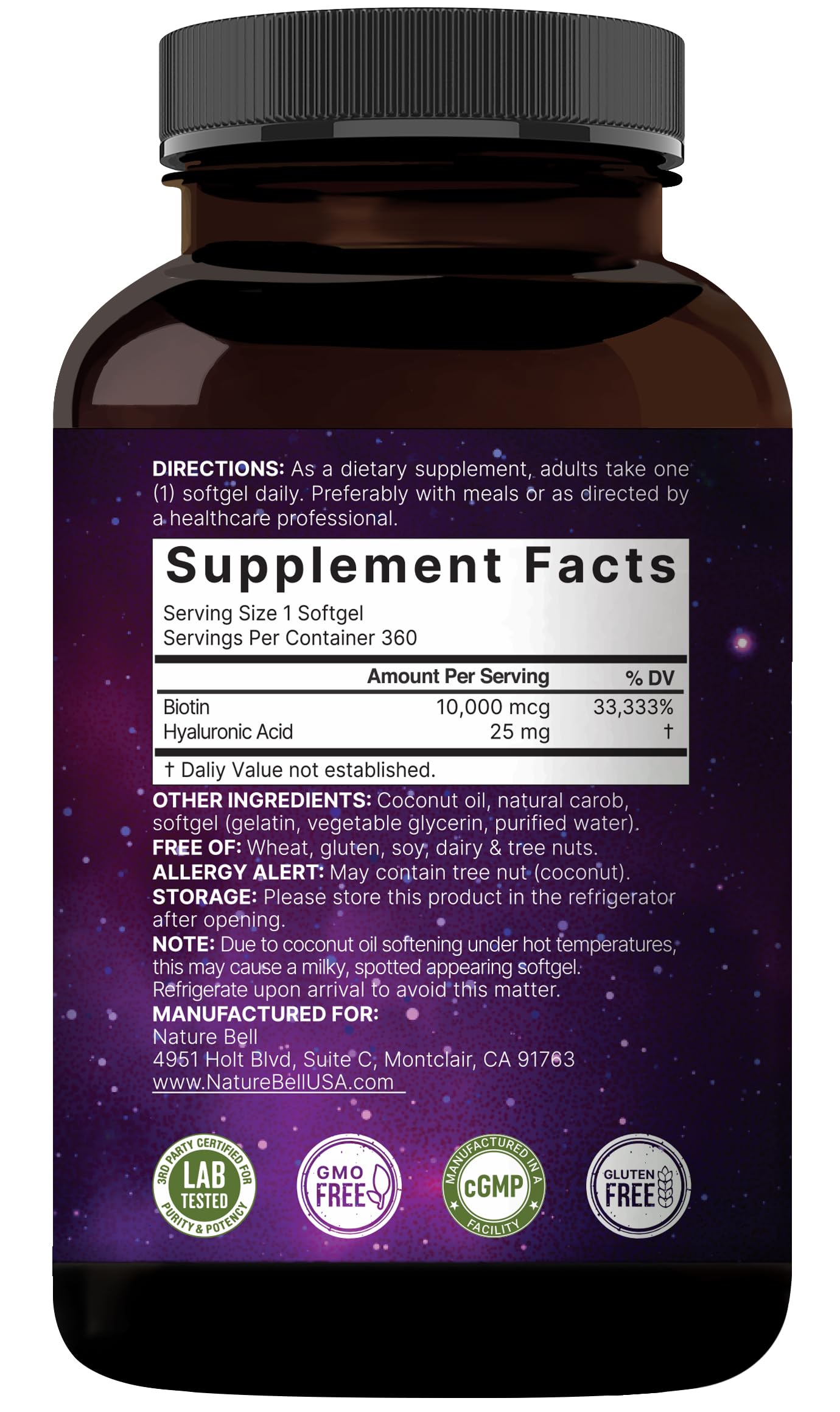 Biotin 10000mcg + Hyaluronic Acid 25mg Softgels | 360 Coconut Oil | Hair Skin Nails