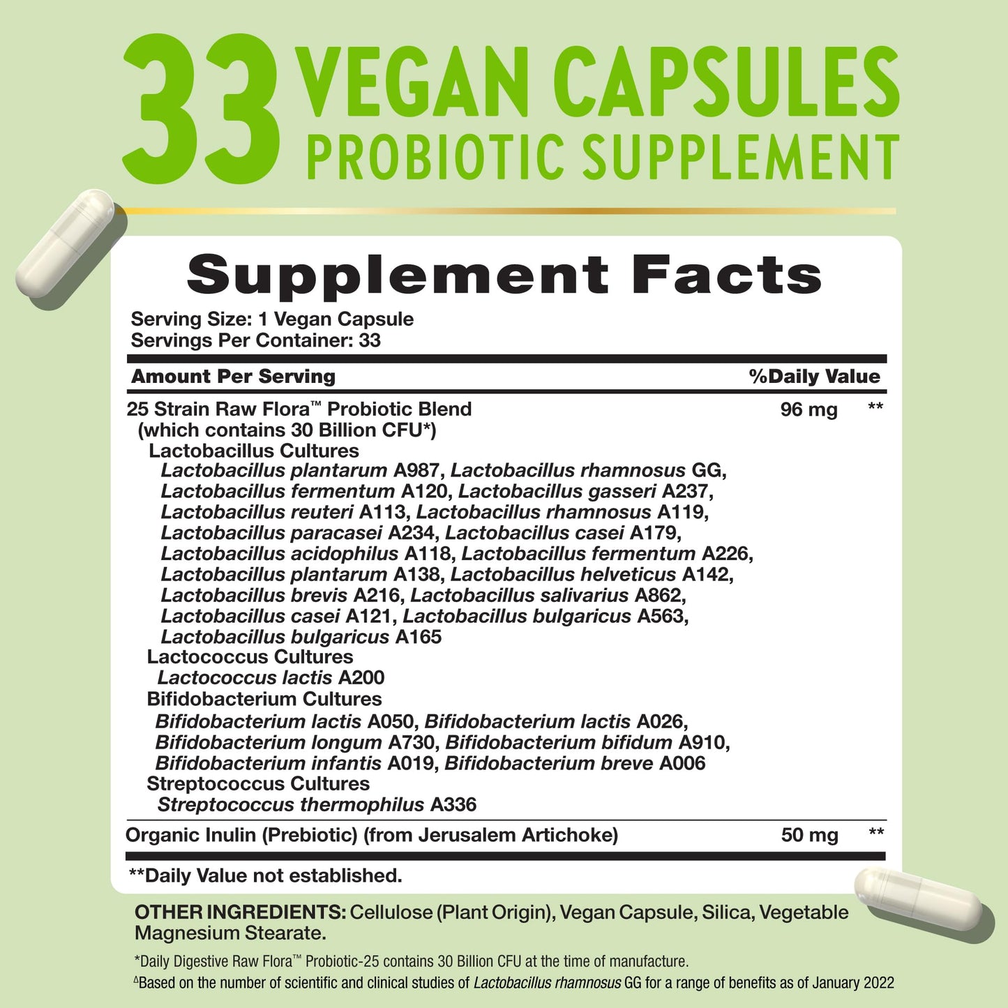 Raw Flora Probiotics with Prebiotics – 30B CFU, 33 Daily Capsules | Vegan, Non-GMO & Gluten Free