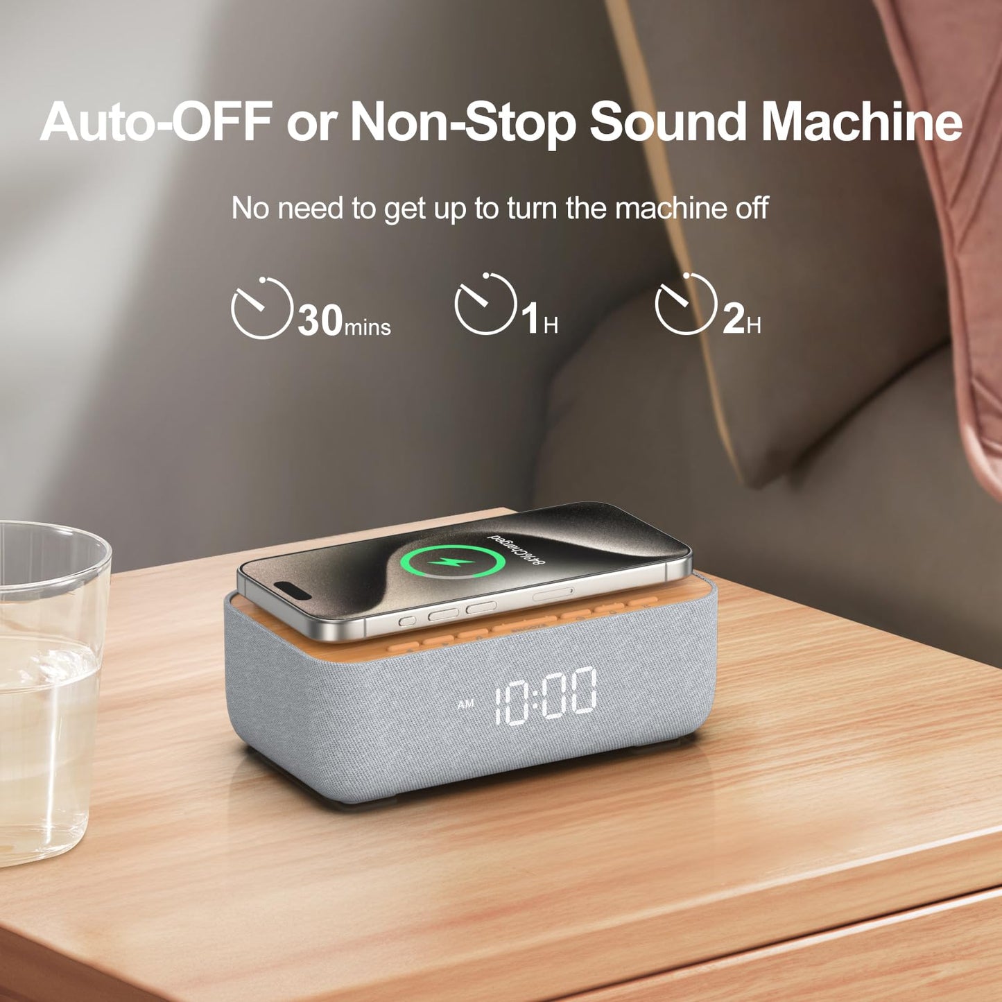 REACHER 15W Magnetic Wireless Charging Alarm Clock with White Noise Machine, Woodgrain — 20 High‑Fidelity Sounds, Gradual Wake, Snooze & Dimmable Display