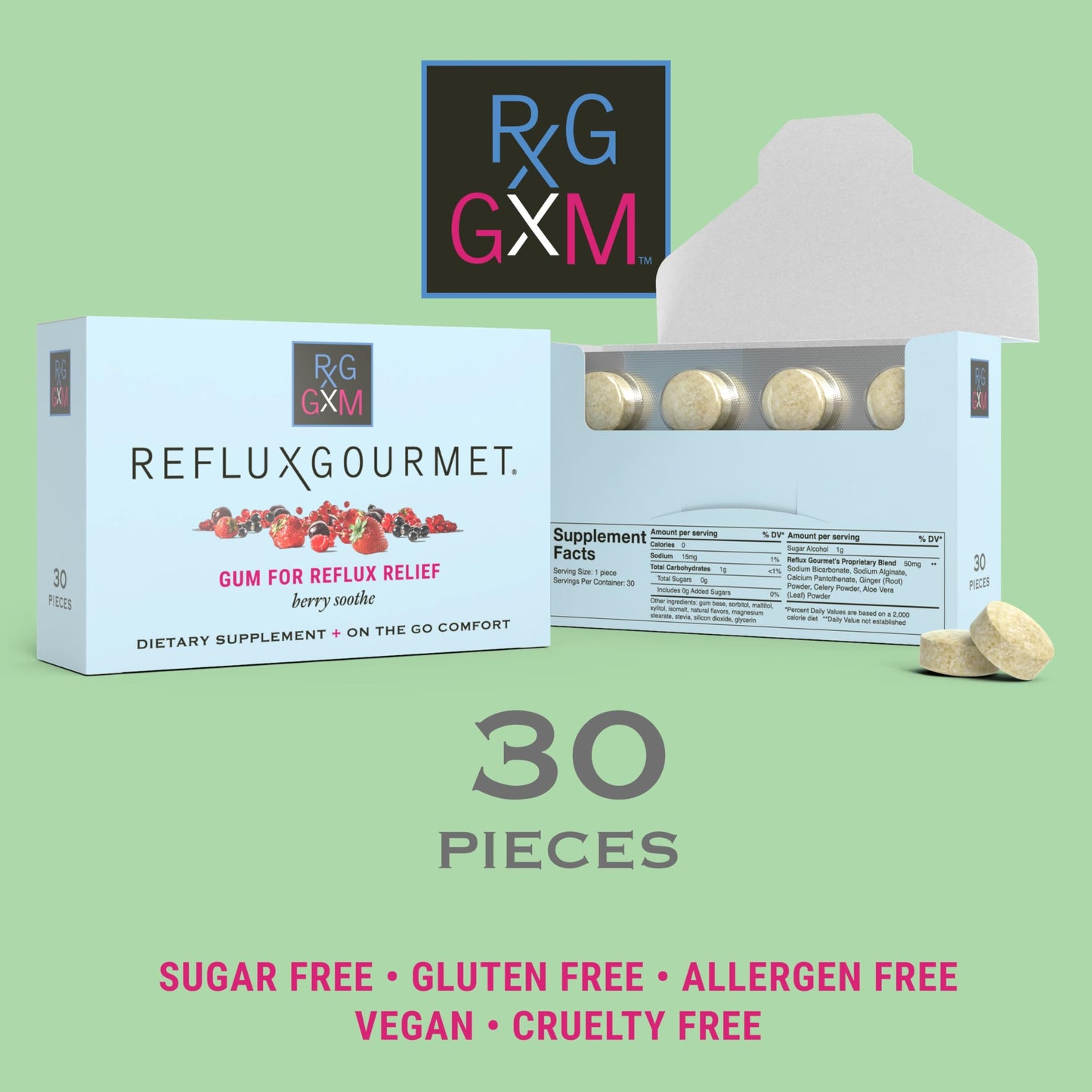 Reflux Gourmet Berry Soothe Gum – Alginate Therapy Gum for Acid Reflux, Digestive & Oral Health | Sugar Free, Gluten Free, Vegan