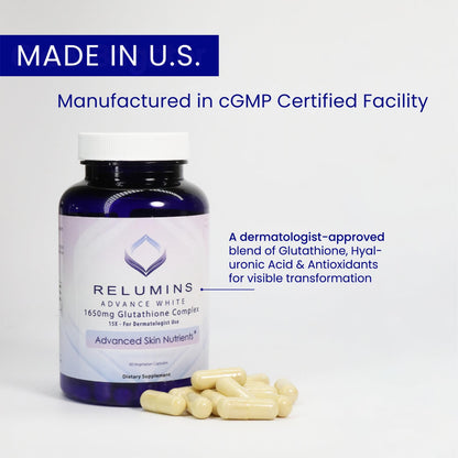 Relumins 1650mg L-Glutathione Complex with Hyaluronic – Spring Glow Essentials – Made in USA – 3 Bottles