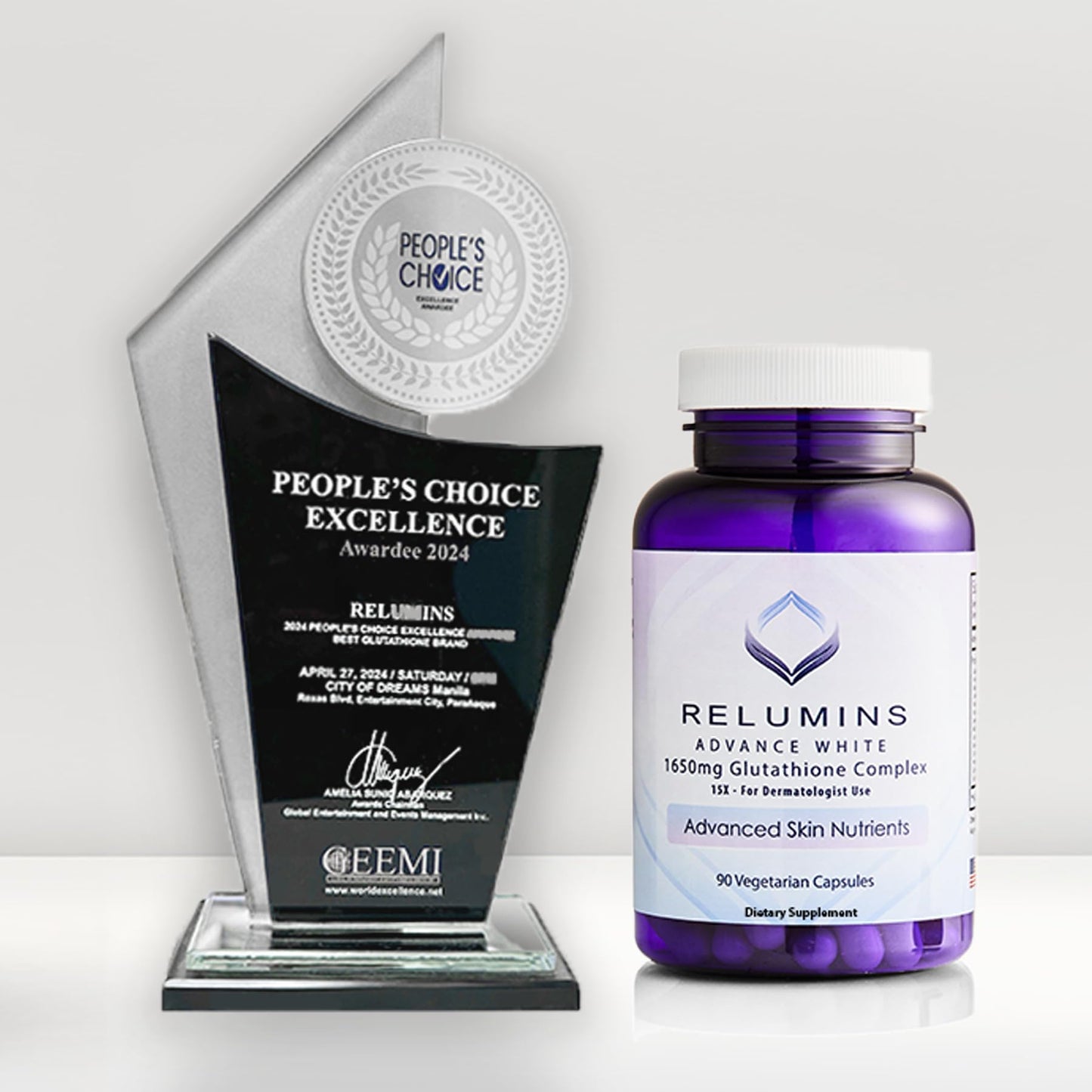 Relumins 1650mg L-Glutathione Complex with Hyaluronic – 90 Caps x 5 Bottles, Made in USA
