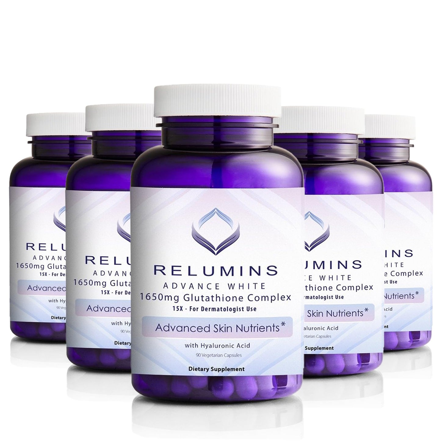 Relumins 1650mg L-Glutathione Complex with Hyaluronic – 90 Caps x 5 Bottles, Made in USA