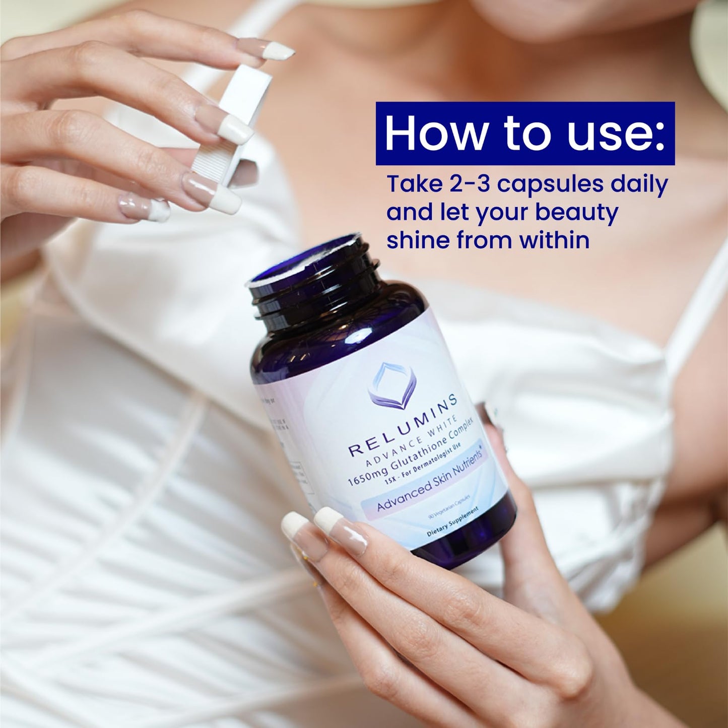 Relumins 1650mg L-Glutathione Complex with Hyaluronic – 90 Caps x 5 Bottles, Made in USA