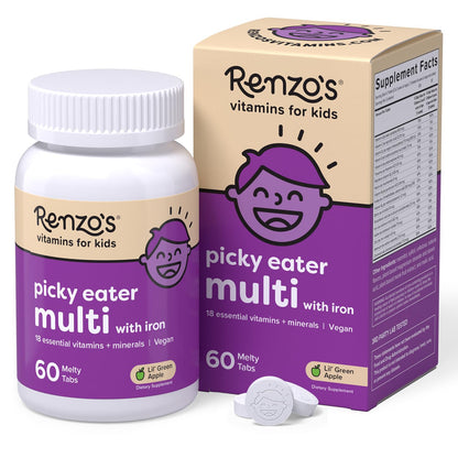 Renzo's Picky Eater Kids Multivitamin with Iron – Sugar-Free Melty Tabs (Green Apple)