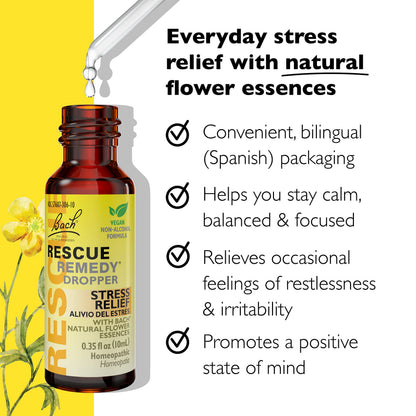 RESCUE Bach Remedy Dropper 10mL – Natural Stress Relief, Vegan, Non-Alcohol Formula