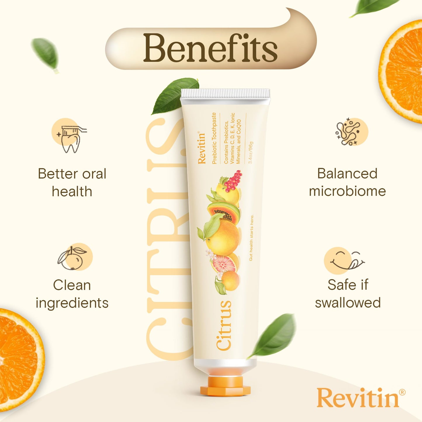 Revitin Toothpaste | Fluoride-Free Prebiotic Citrus Tooth Gel | No SLS, Gluten Free, Dye Free, GMO Free, No Sweeteners | Non-Toxic, Kid Approved | Pack of 5
