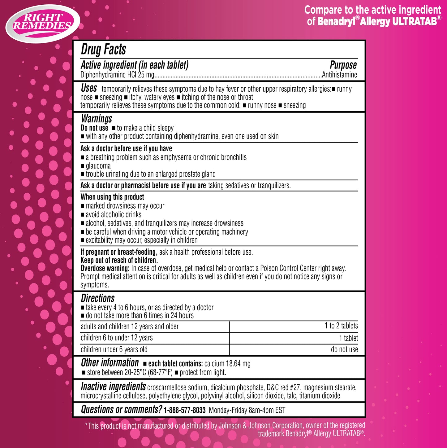 RIGHT REMEDIES Allergy Relief Diphenhydramine HCl 25 mg, 600 Count — Compared to Ultratabs