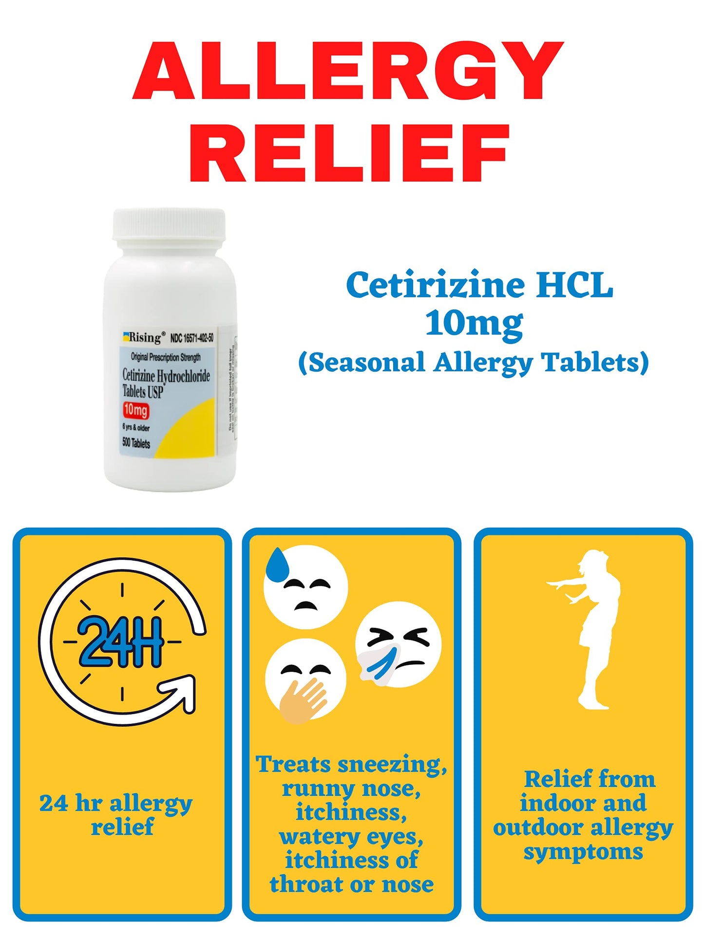 Rising Pharma Cetirizine HCL 10 mg – Antihistamine for Seasonal Allergies | 500 Tablets