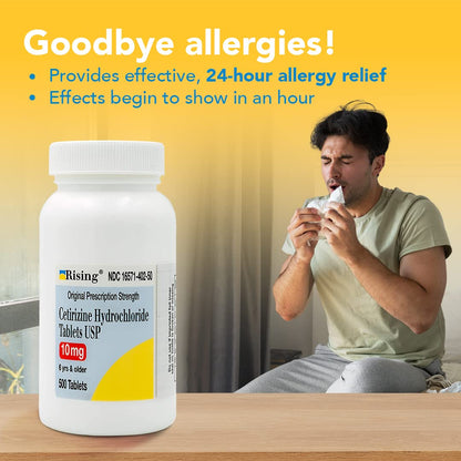 Rising Pharma Cetirizine HCL 10 mg – Antihistamine for Seasonal Allergies | 500 Tablets