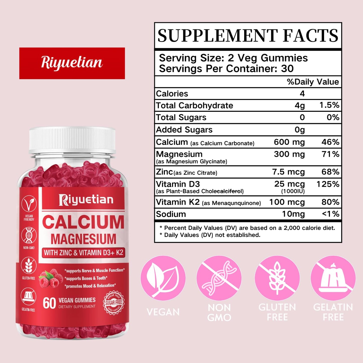 Riyuetian Calcium Gummies with Magnesium & Zinc + D3 & K2 - 60 Count | Bone, Teeth & Immune Support