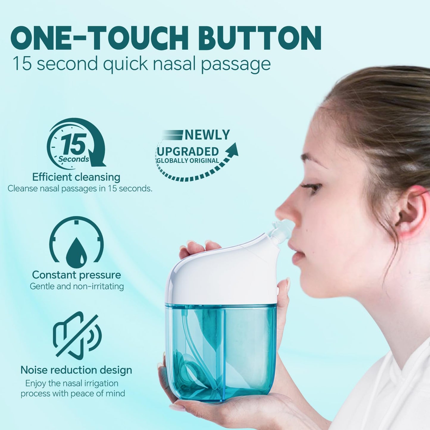 Ronfnea Nasal Irrigation System – Auto Waste, Dual-Chamber Sinus Cleaner (Turquoise)