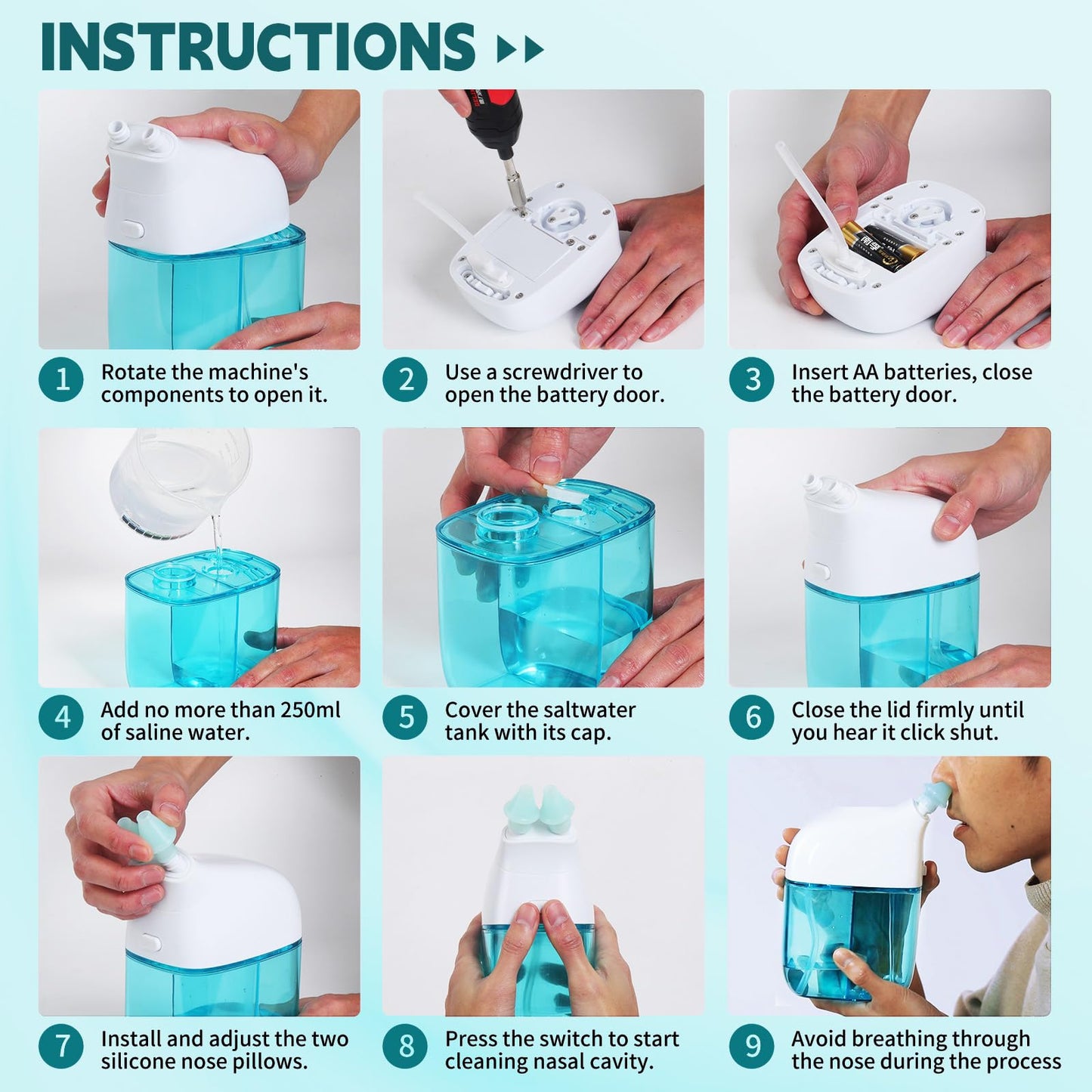 Ronfnea Nasal Irrigation System – Auto Waste, Dual-Chamber Sinus Cleaner (Turquoise)