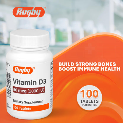 Rugby Vitamin D3 2000 IU (50 mcg) – Gluten-Free Daily Vitamin D3 for Immune, Bone & Teeth Health | 100 Tablets