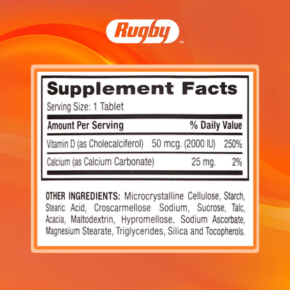 Rugby Vitamin D3 2000 IU (50 mcg) – Gluten-Free Daily Vitamin D3 for Immune, Bone & Teeth Health | 100 Tablets