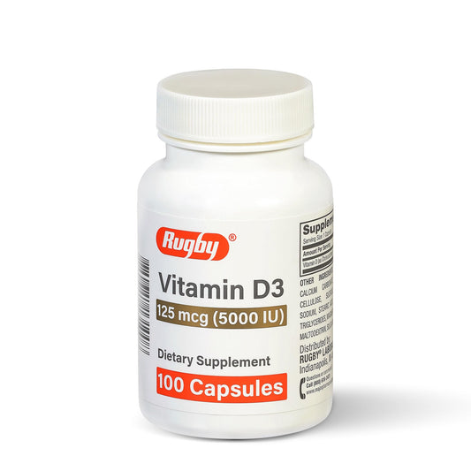 Rugby Vitamin D3 5,000 IU (125 mcg) – Bone, Teeth & Immune Health, 100 Capsules