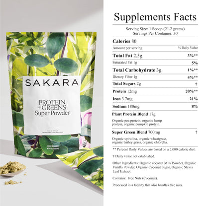 SAKARA Protein + Greens Super Powder – 30 Servings, Organic Plant-Based Protein & Greens Blend