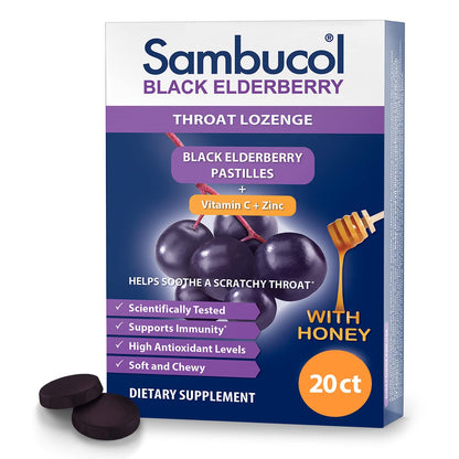 Sambucol Black Elderberry Throat Lozenges - Vitamin C, Zinc & Honey (Gluten-Free) 20 Count