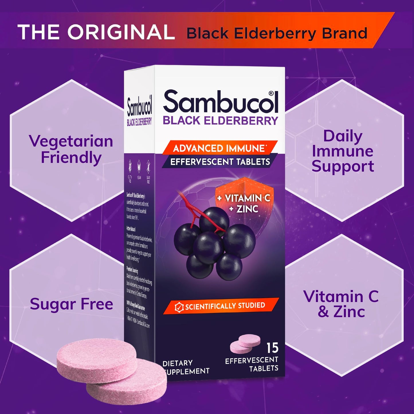 Sambucol Black Elderberry Effervescent Tablets with Zinc & Vitamin C (15 Count)