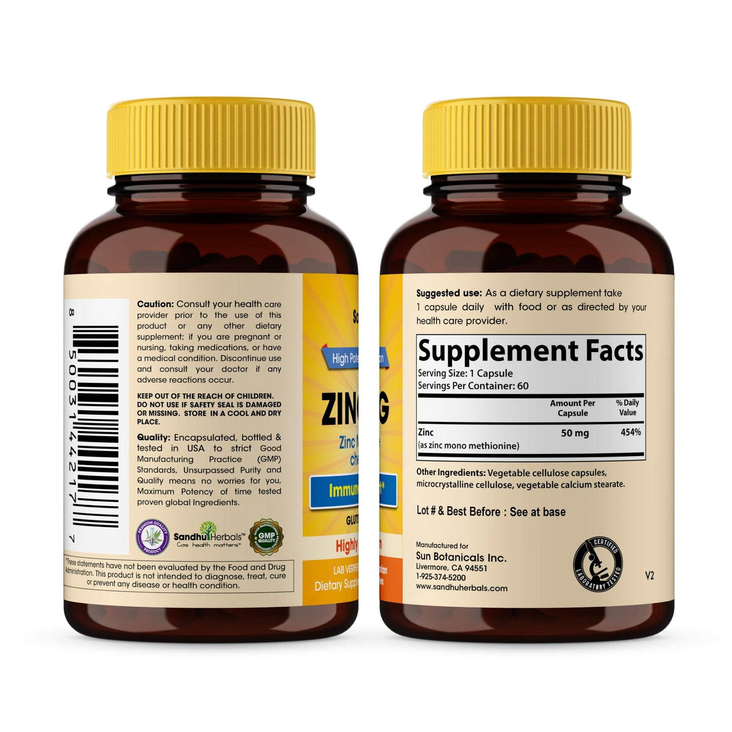 Sandhu Herbals Zinc 50mg – Monomethionine, Immune Support | 60 Capsules