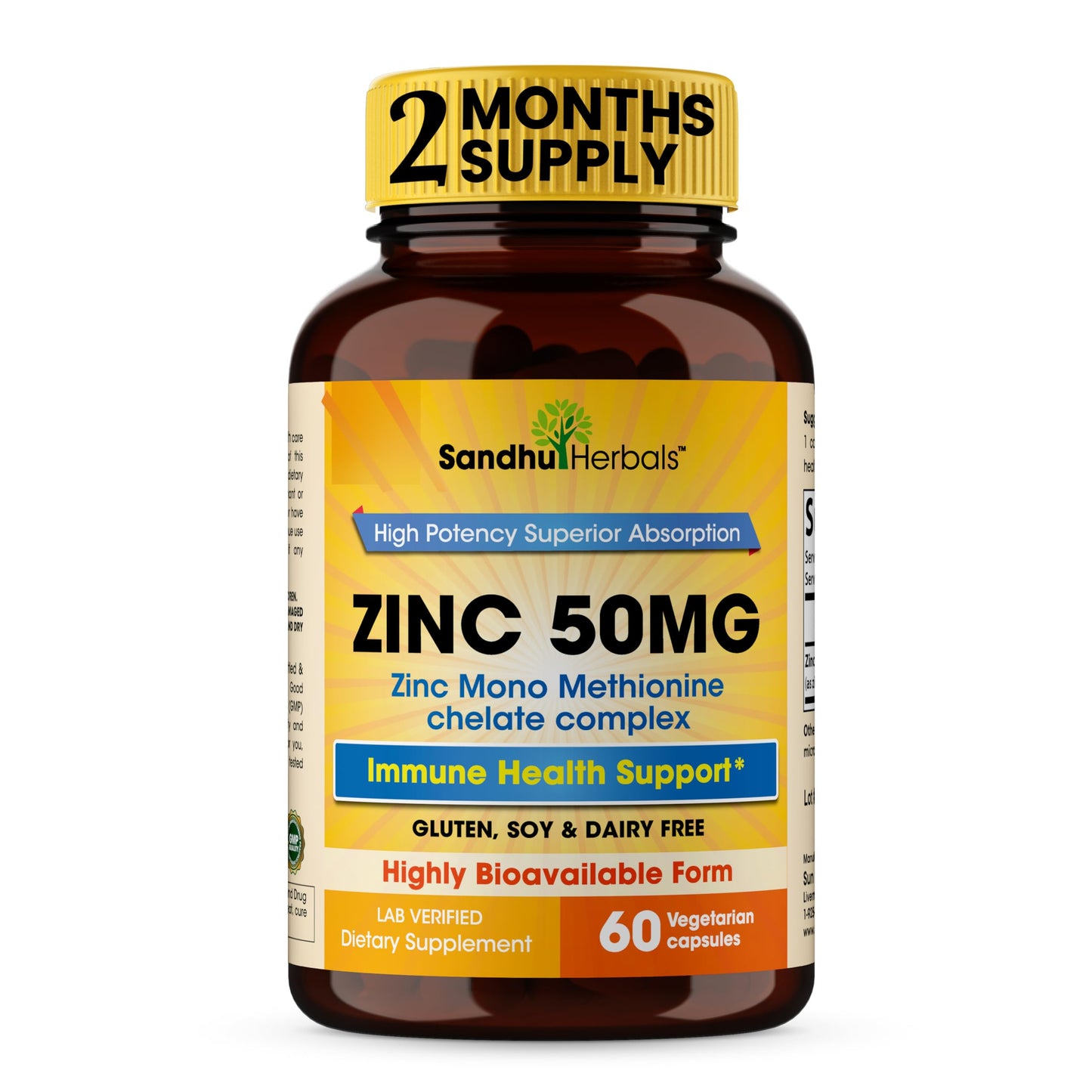 Sandhu Herbals Zinc 50mg – Monomethionine, Immune Support | 60 Capsules