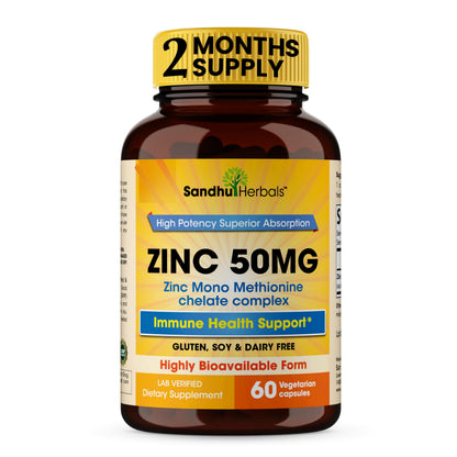 Sandhu Herbals Zinc 50mg – Monomethionine, Immune Support | 60 Capsules