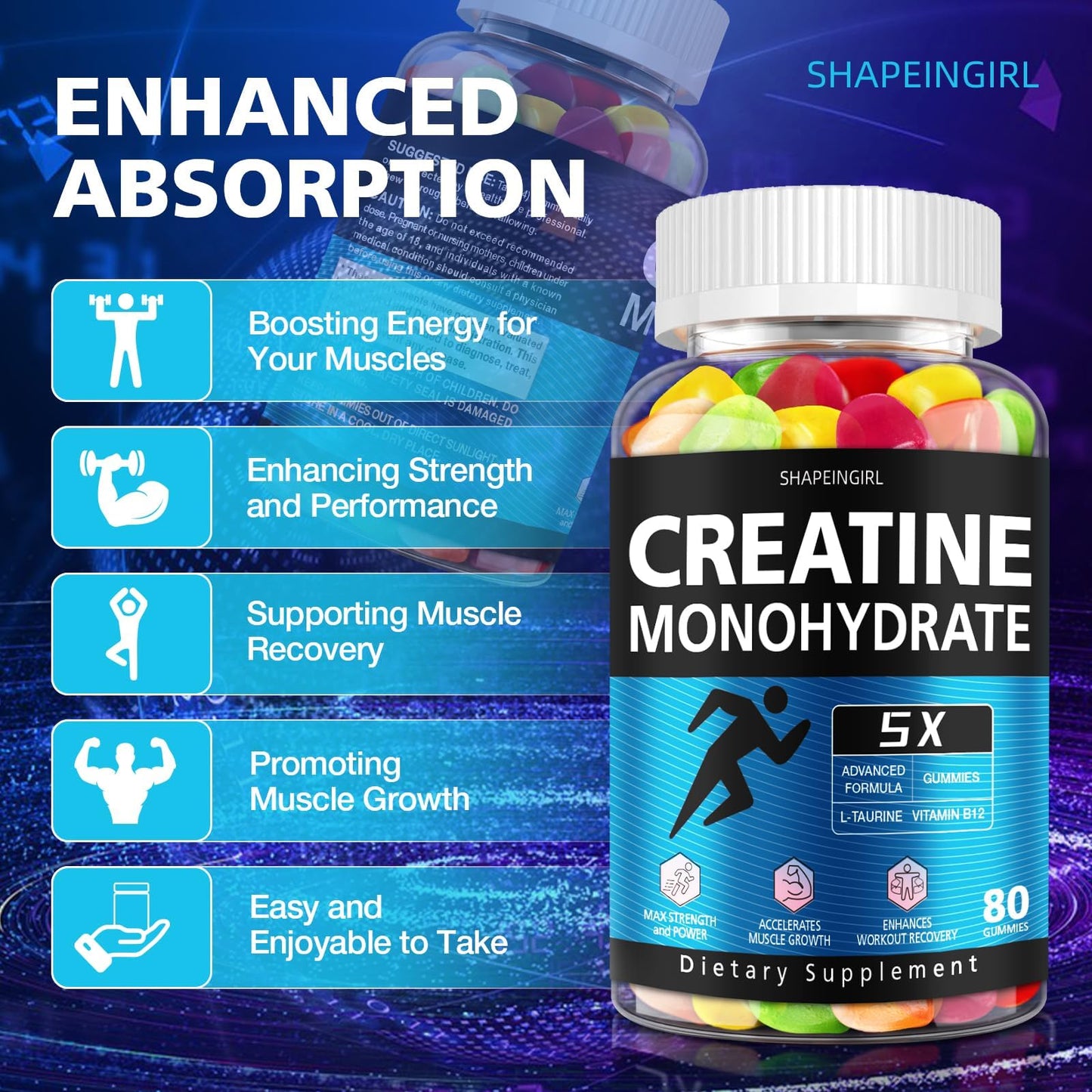 SHAPEINGIRL Creatine Monohydrate Gummies – Clean Creatine for Women & Men | Muscle, Endurance & Recovery
